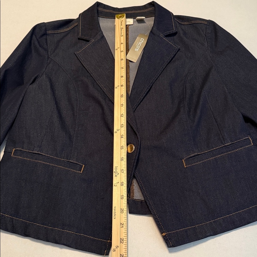 NWT Chico's Denim Blazer in Navy Cedar Rinse Long Sleeve Button Front Size Large - Picture 4 of 13